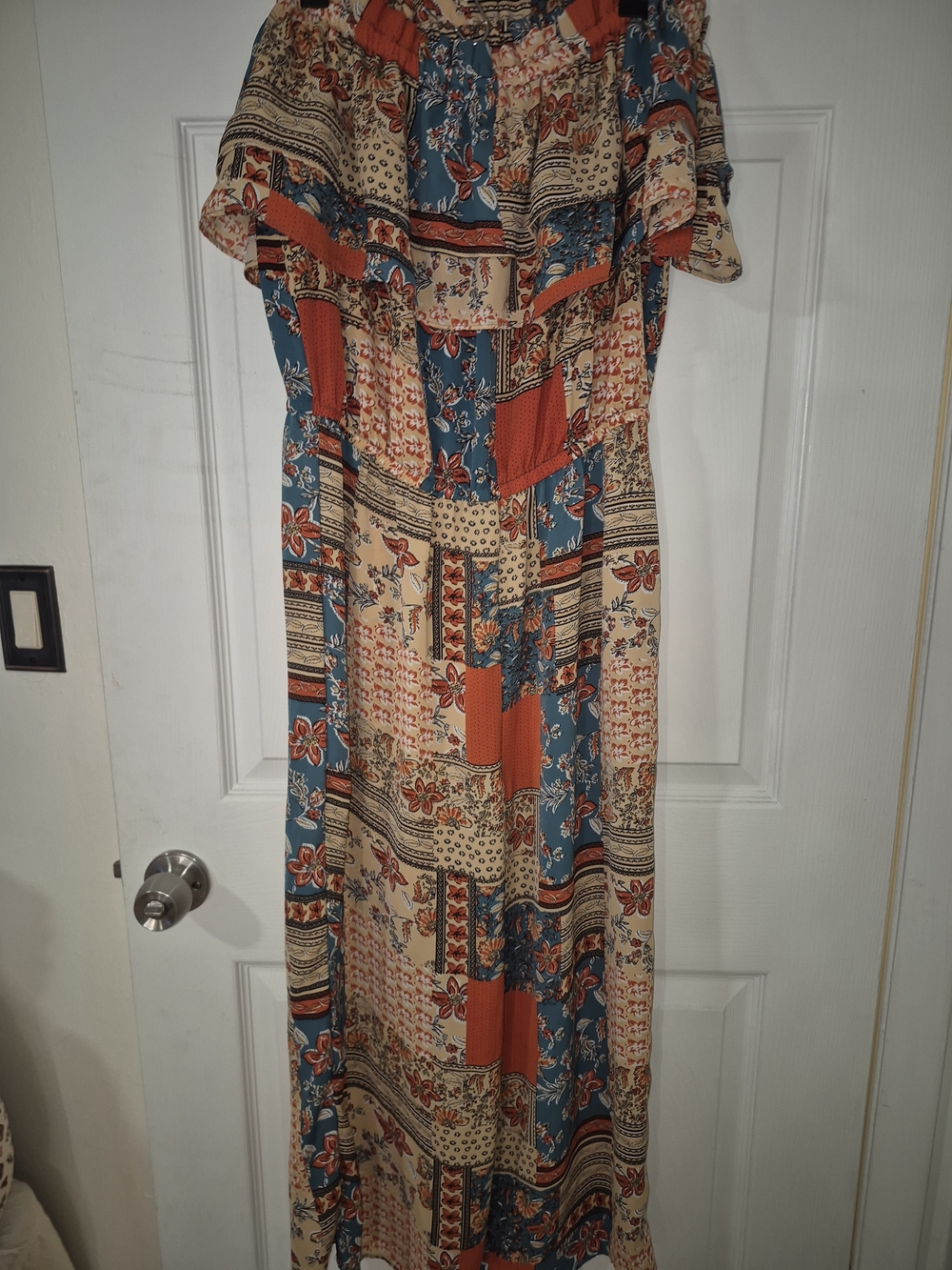 Umgee Patchwork Off-Shoulder Maxi Jumpsuit in Teal, Rust & Cream